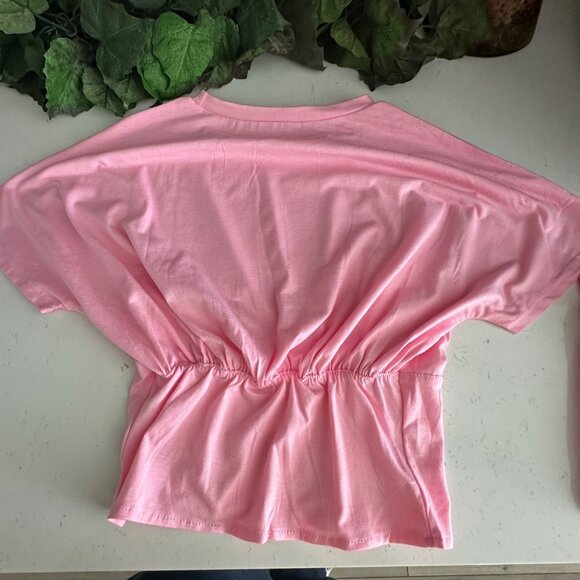 Pink Two-Piece Lounge Set With Elastic Waist Shorts & Ruched Top - Picture 5 of 7